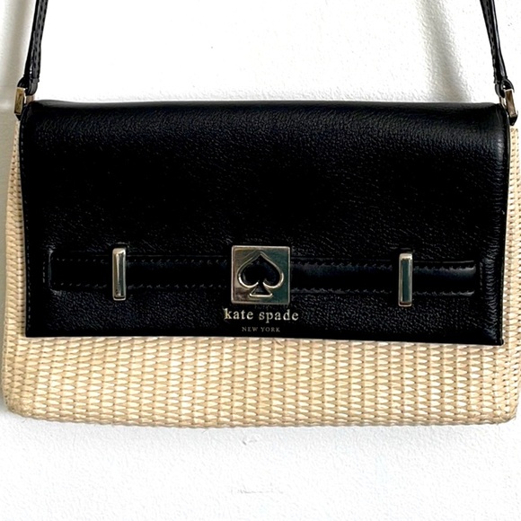 Kate Spade Loula Houston Street Crossbody Purse Bag Black Leather/ Straw - Picture 2 of 9